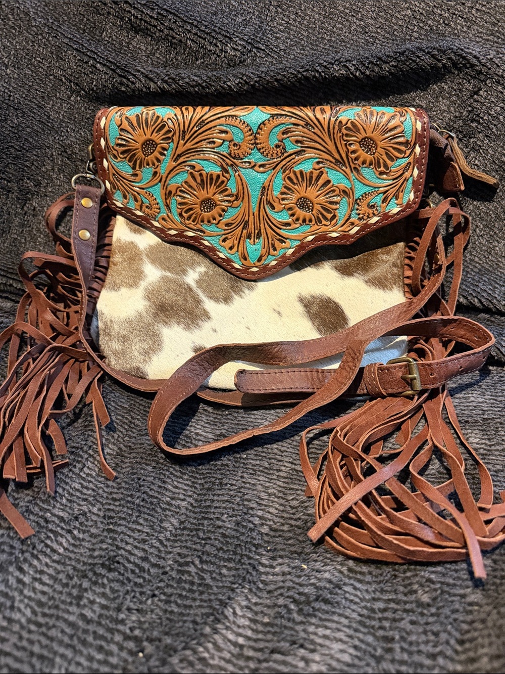 O’hlay Tooled Leather & Cowhide Fringe Crossbody concealed Carry Bag